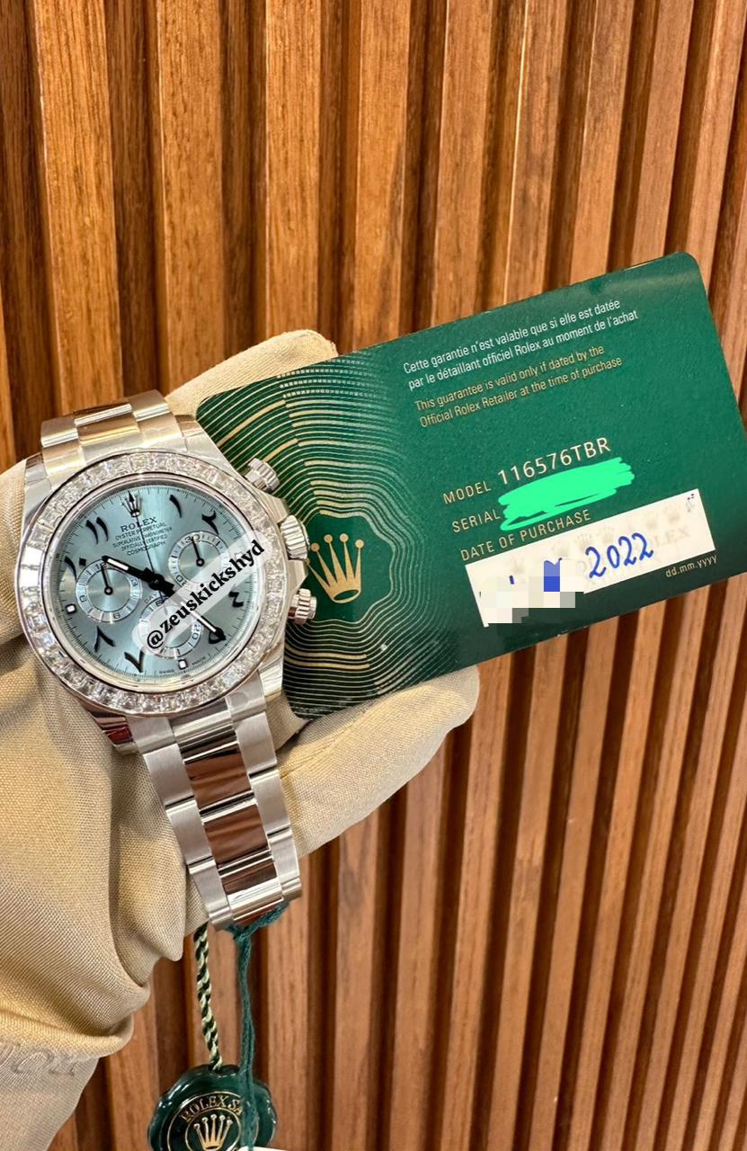 Rolex Diamond Baguette Bezel Platinum Arabic Ice Blue Dial Daytona 116576TBR