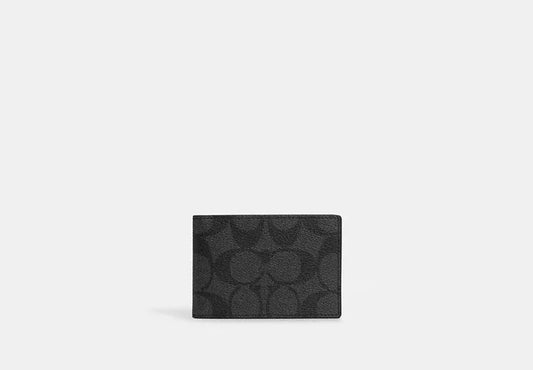 Coach Outlet Compact Billfold Wallet In Signature Canvas charcoal black