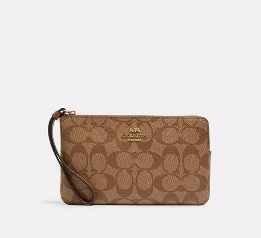 Coach large corner zip wristlet in signature canvas gold/khaki saddle